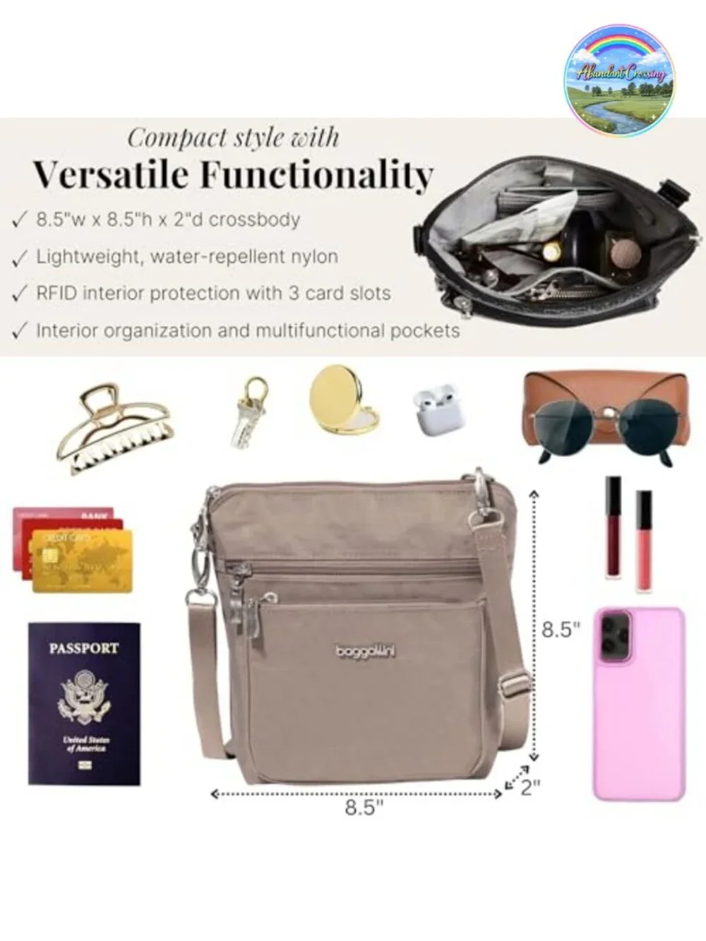 Water-Resistant Nylon Crossbody Bag with RFID Blocking, 8.5x8.5, Adjustable
